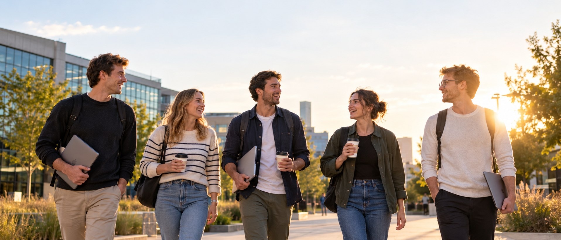 Five young professionals walking and laughing together across a sunlit campus