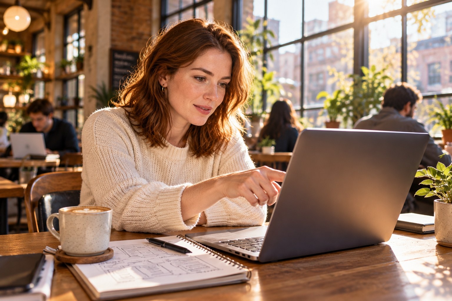Product designer browsing matched jobs on her laptop in a sunny cafe