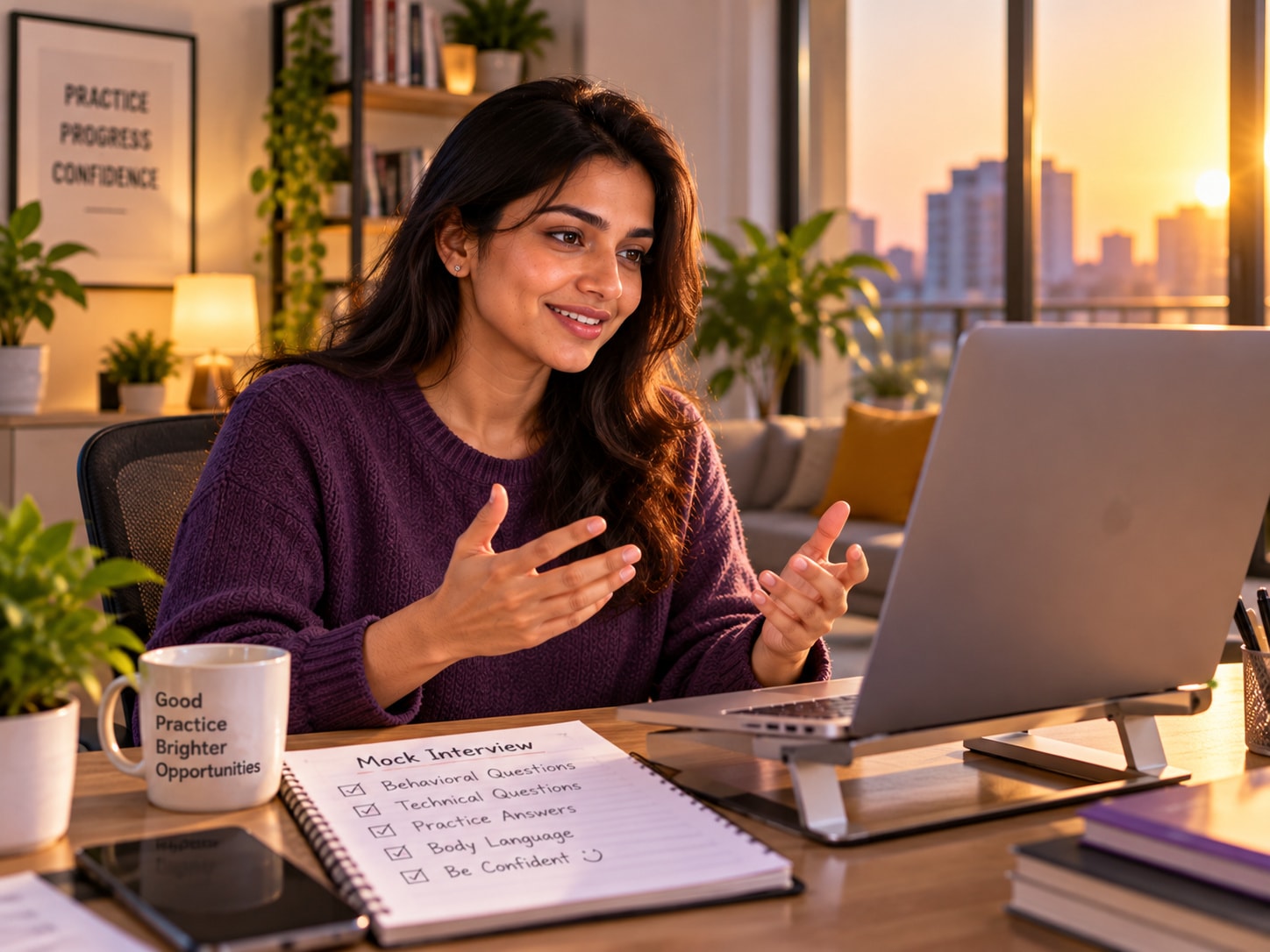 Woman practising a mock interview answer at her laptop at golden hour