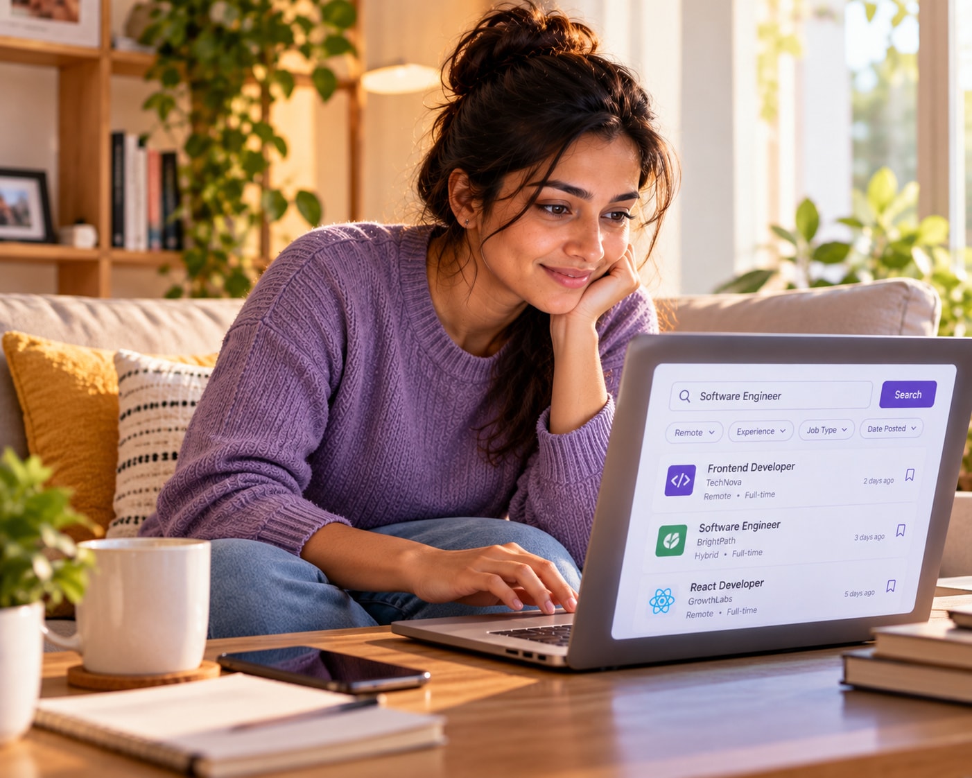 Job seeker browsing matched roles on a laptop at home