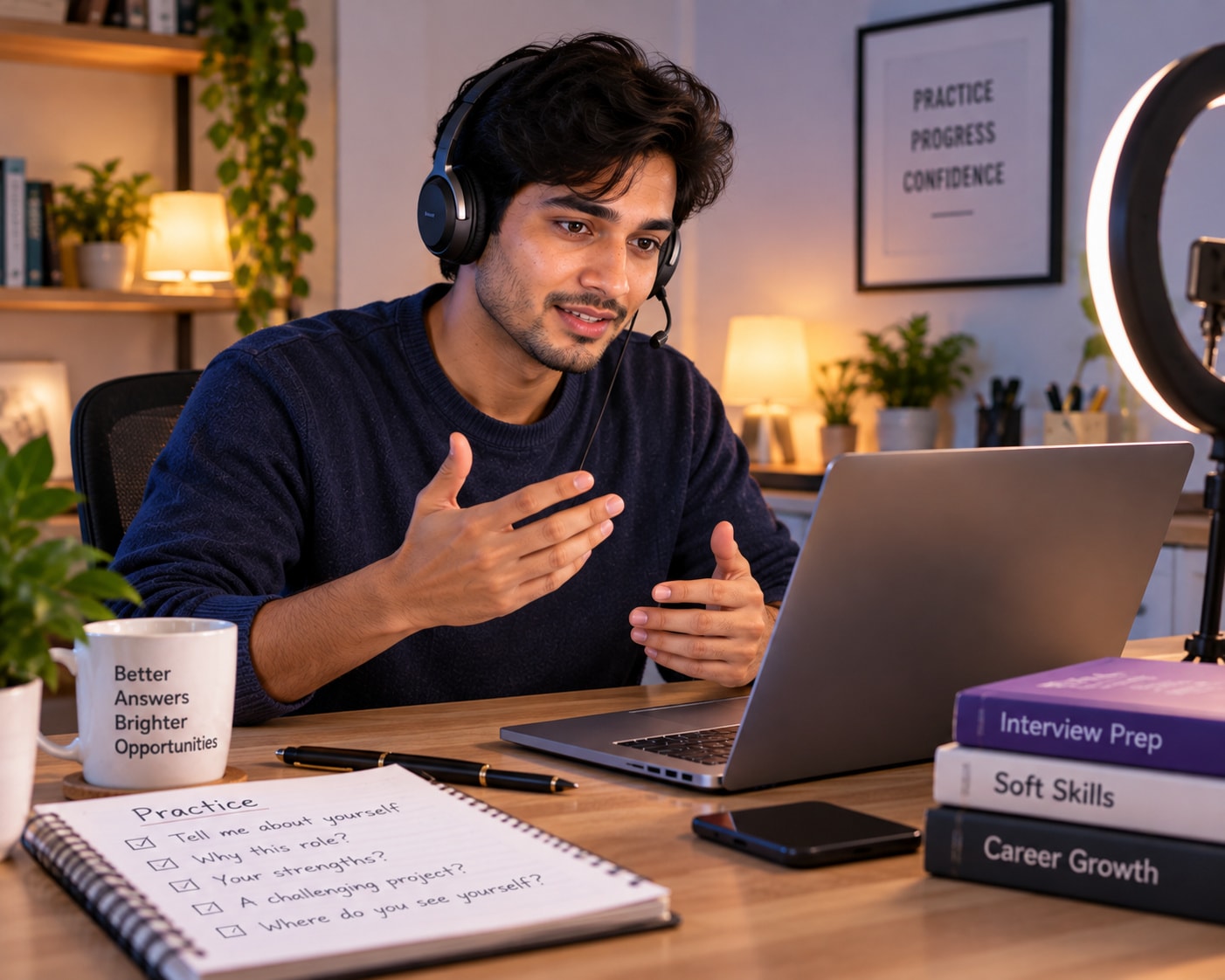 Job seeker rehearsing an interview answer with a headset on
