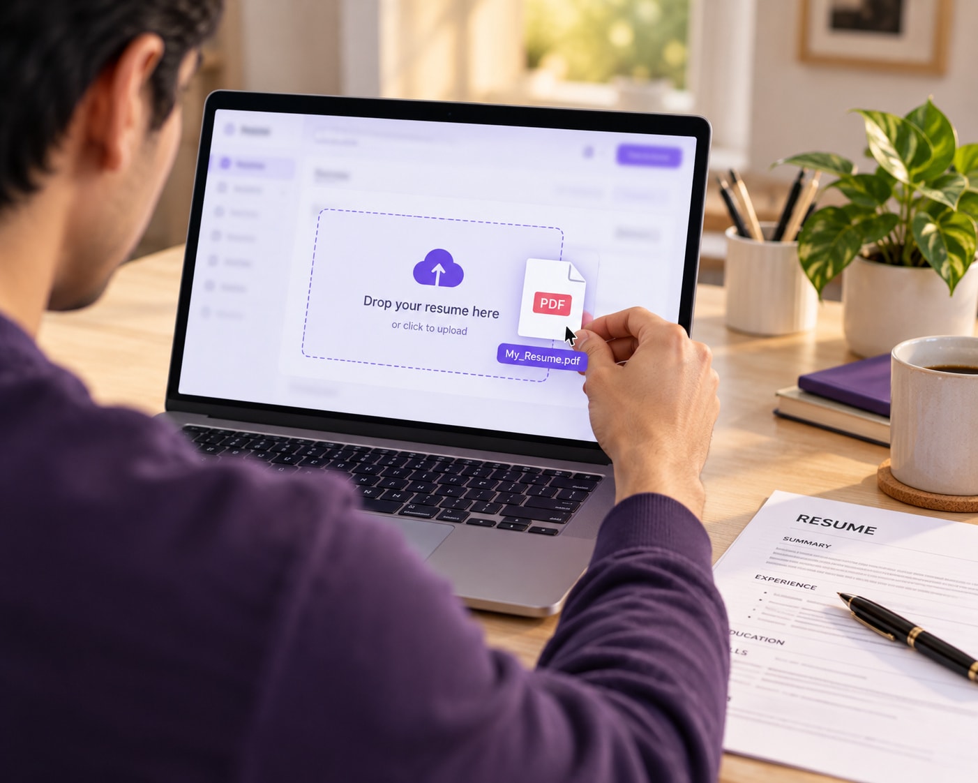 Job seeker uploading a resume file to a laptop