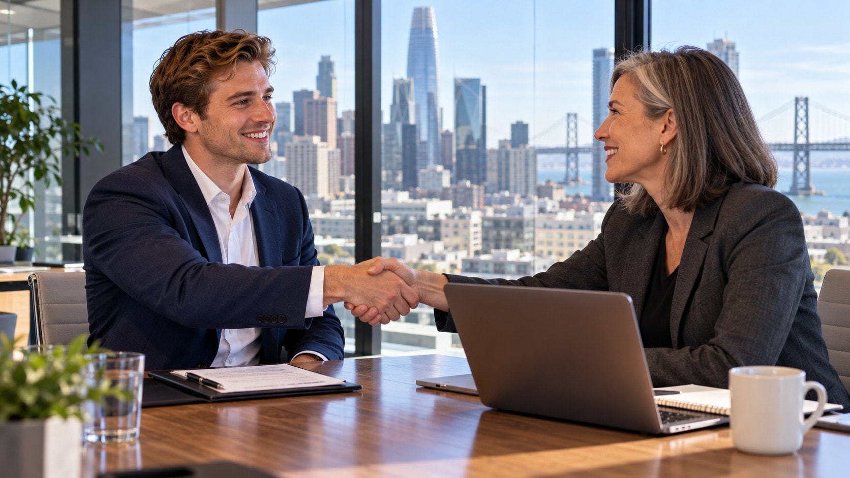 Candidate shaking hands with a hiring manager after a successful interview