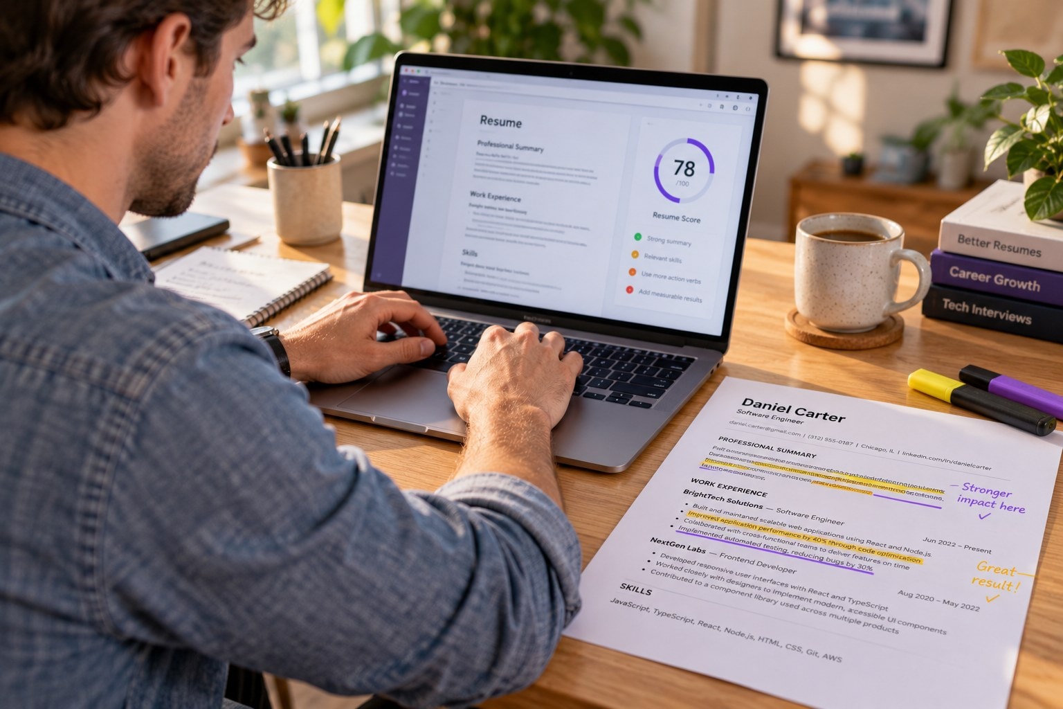 Man editing his resume on a laptop next to a highlighted printed copy