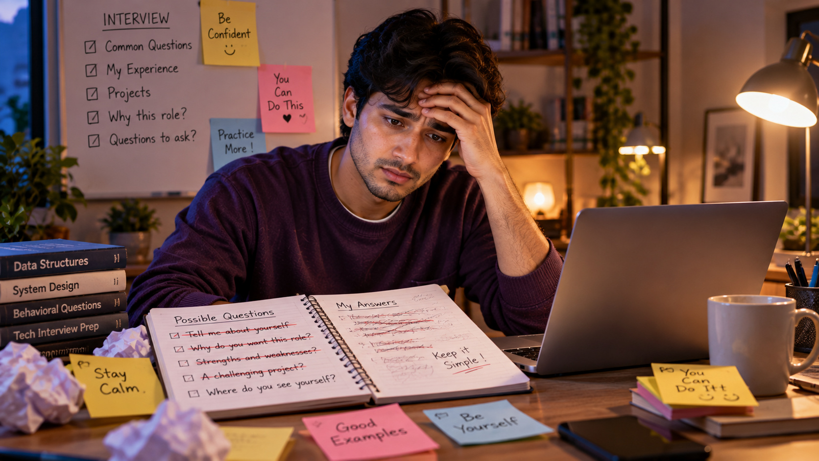 Stressed job seeker surrounded by notes the night before an interview