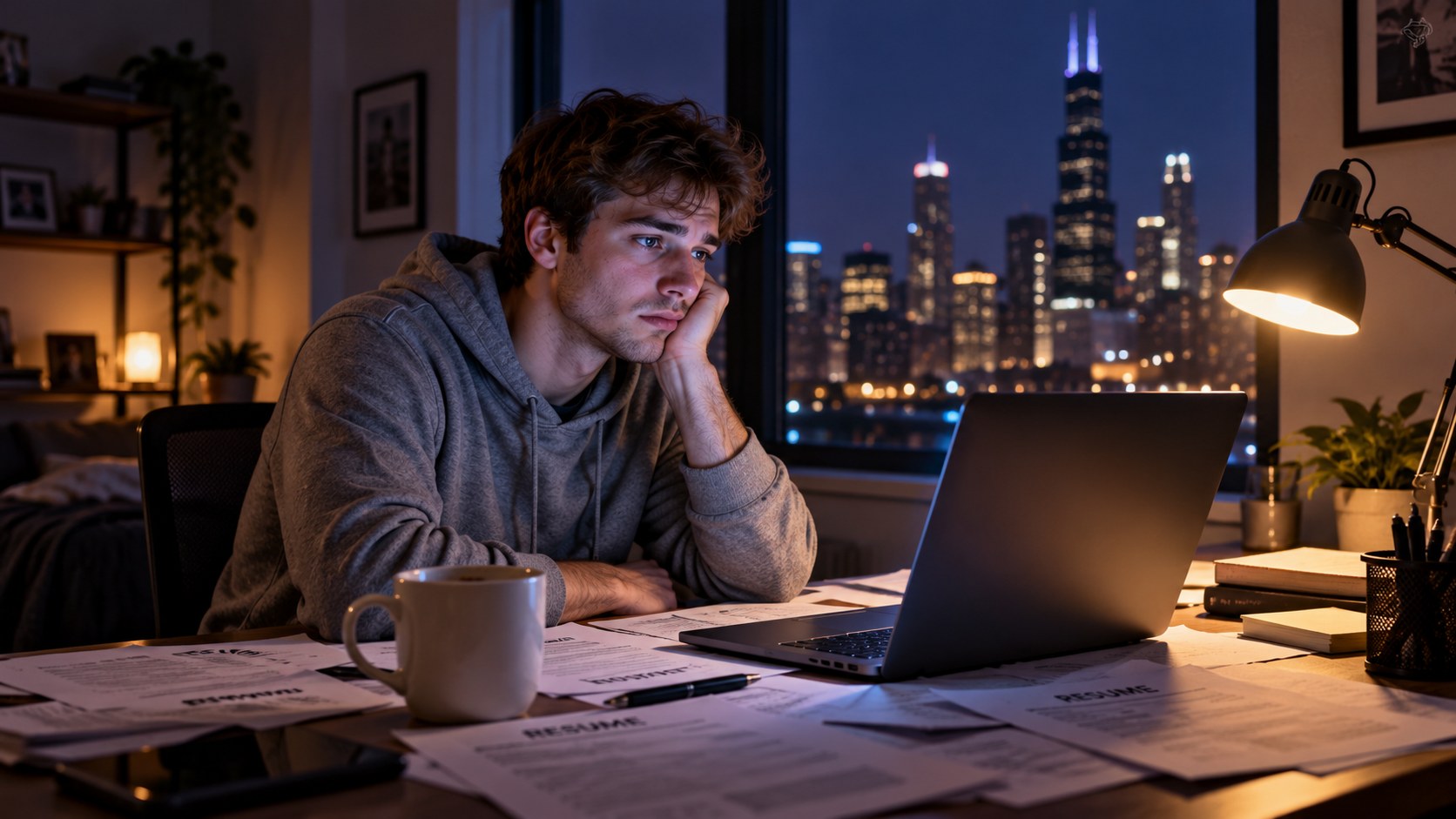 Job seeker alone at his desk late at night, waiting for replies