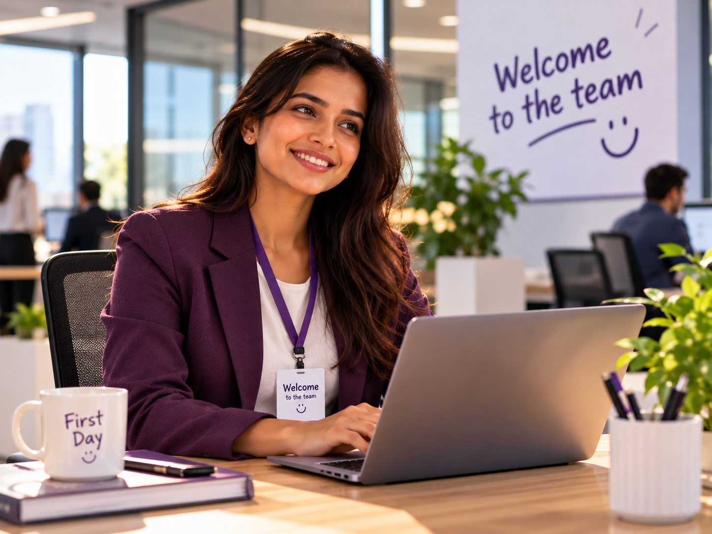 New hire smiling on her first day at a new job